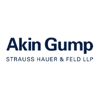 A black and blue logo for akin gump