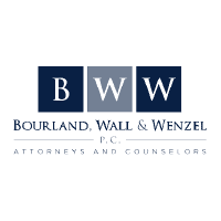 A black and blue logo for the bourland, wall & winkel attorneys at law.