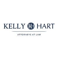 A black and blue logo for kelly hart attorneys at law.
