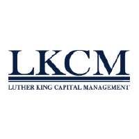 A black and blue logo for the company lkcm.
