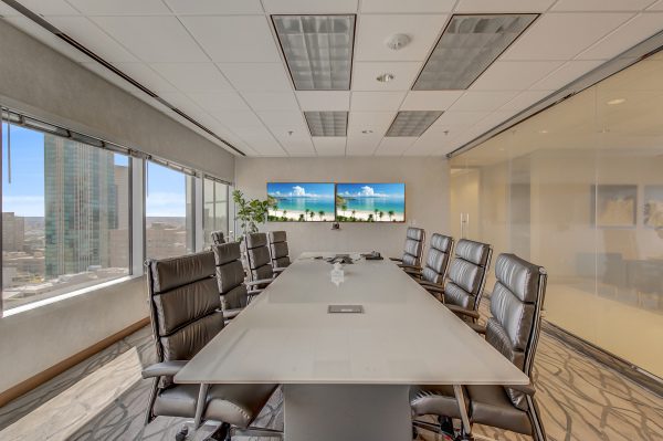 A large conference room with a view of the ocean.